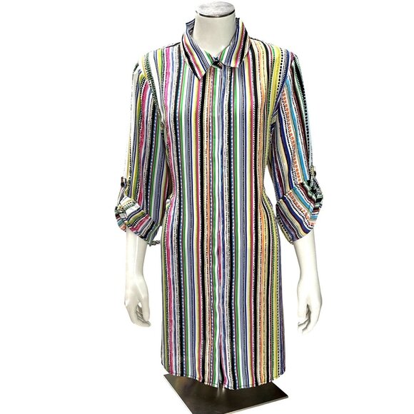 Melissa Paige L Multi Color Stripe Shirt Dress Tunic Collar Roll Tab Sleeve Boho - Picture 2 of 11